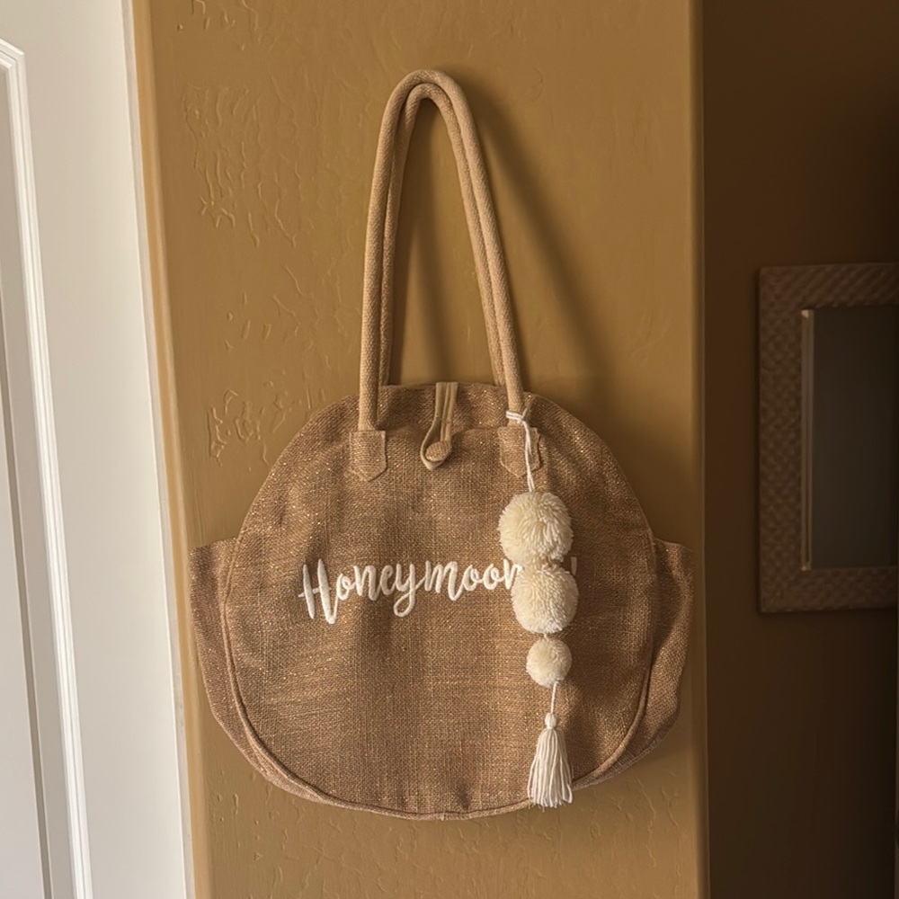 Tan Honeymoon Tote Bag with Pom Poms